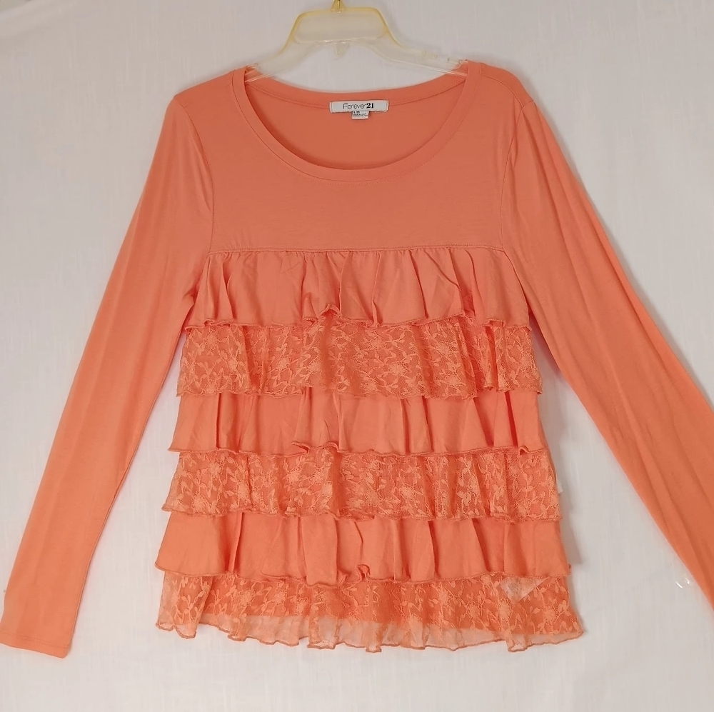 NWOT Top Blouse Tiered Front Lace ruffles, cotton modal, Long Sleeve,sz L. - Picture 9 of 14